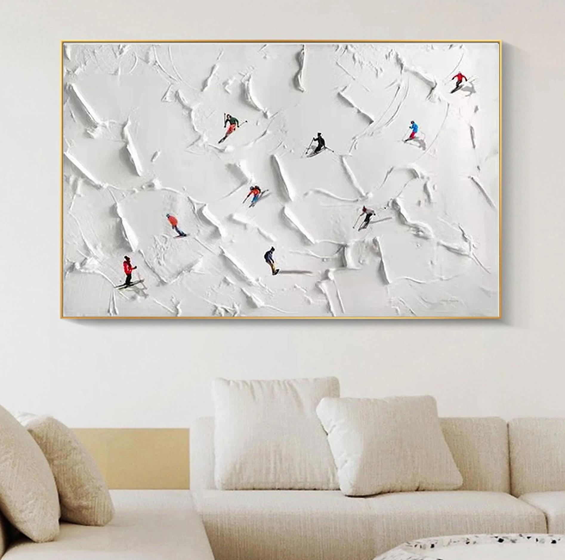 Skier on Snowy Mountain Sport White Snow Skiing by Palette Knife wall art minimalism Oil Paintings